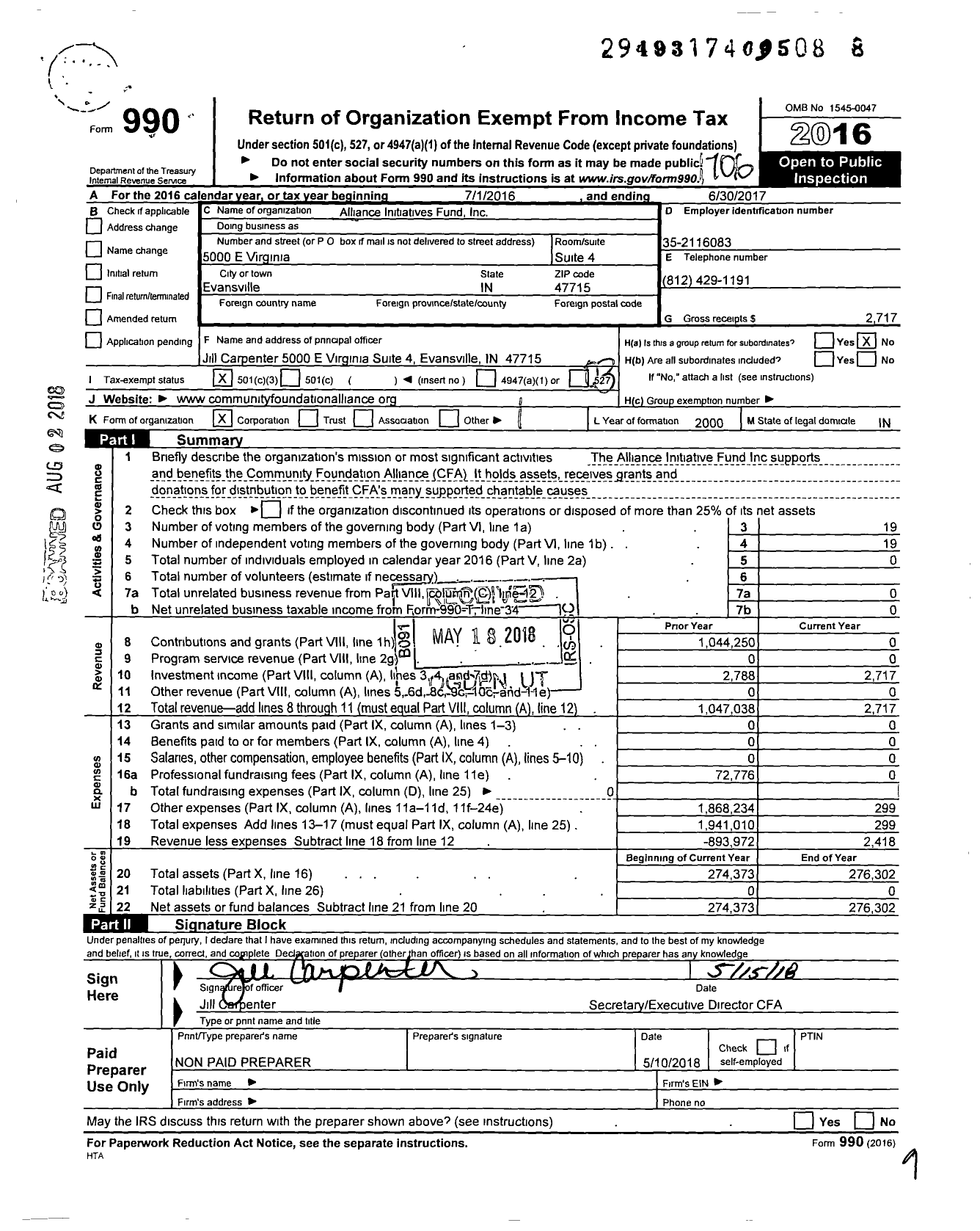 Image of first page of 2016 Form 990 for Alliance Initiatives Fund