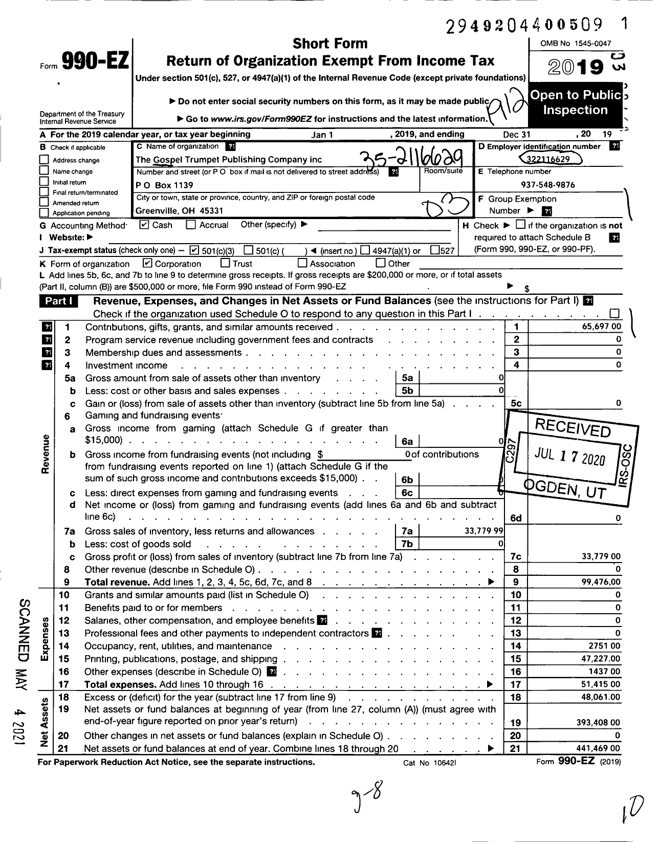 Image of first page of 2019 Form 990EZ for Gospel Trumpet Publishing Company