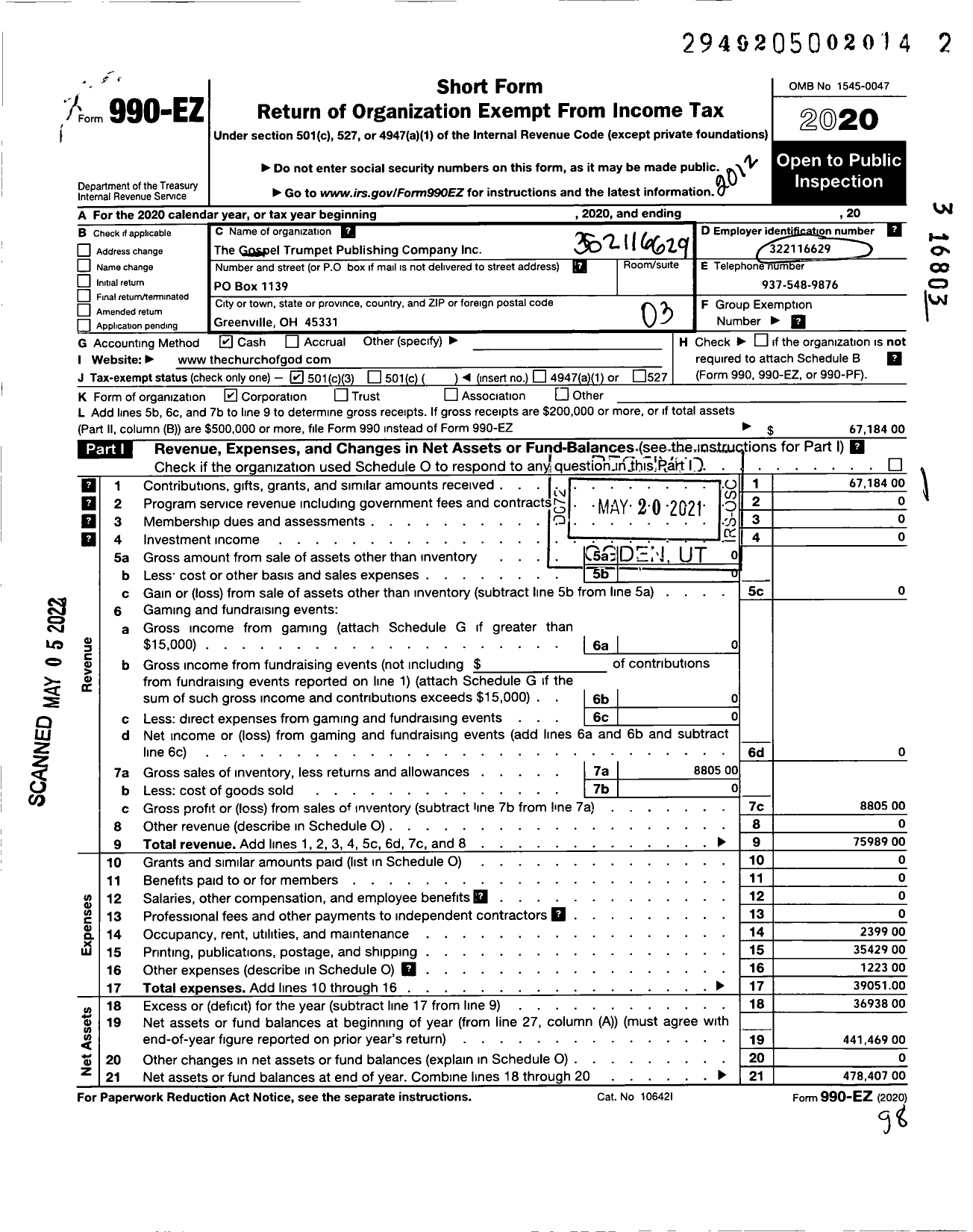 Image of first page of 2020 Form 990EZ for Gospel Trumpet Publishing Company