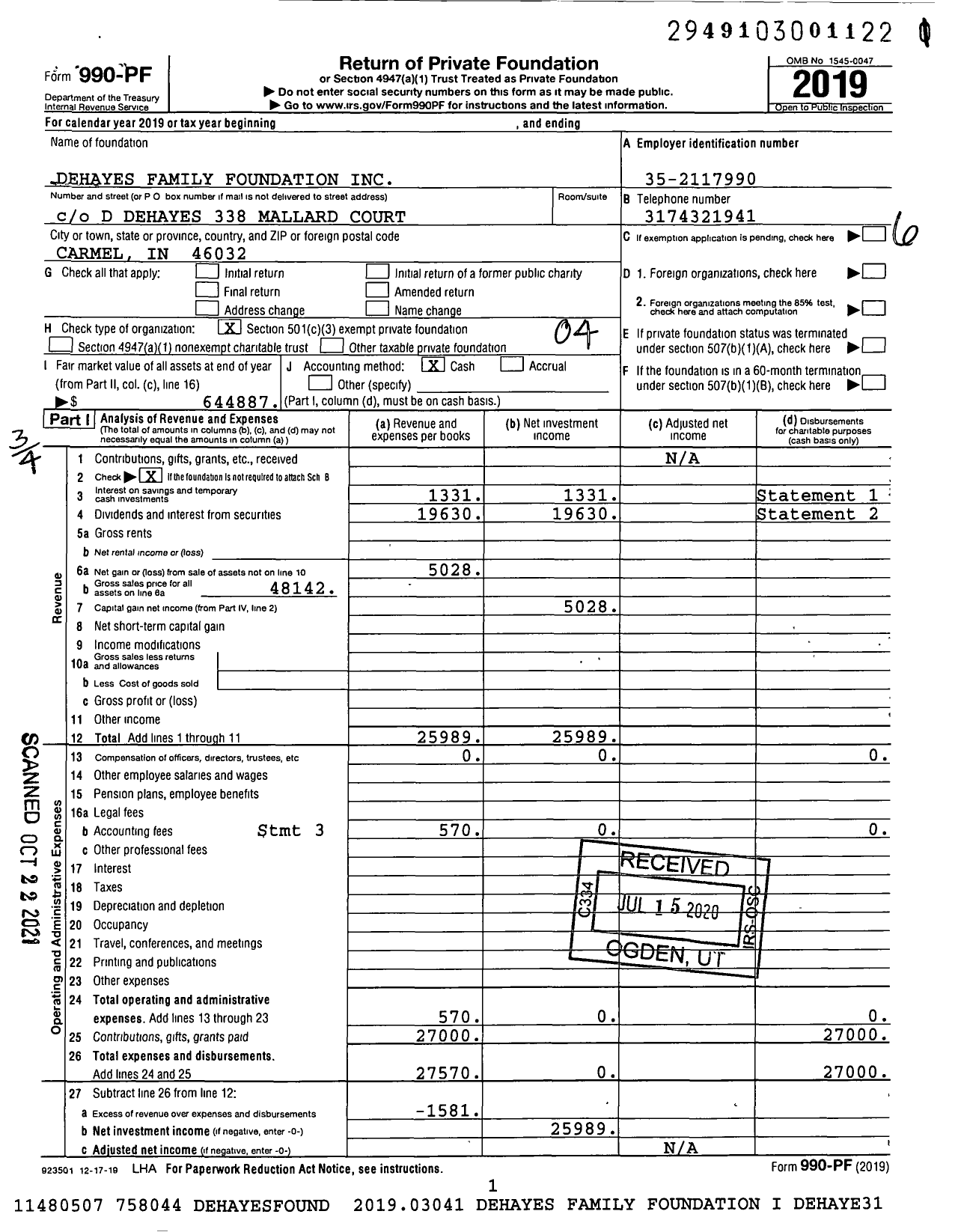 Image of first page of 2019 Form 990PF for Dehayes Family Foundation