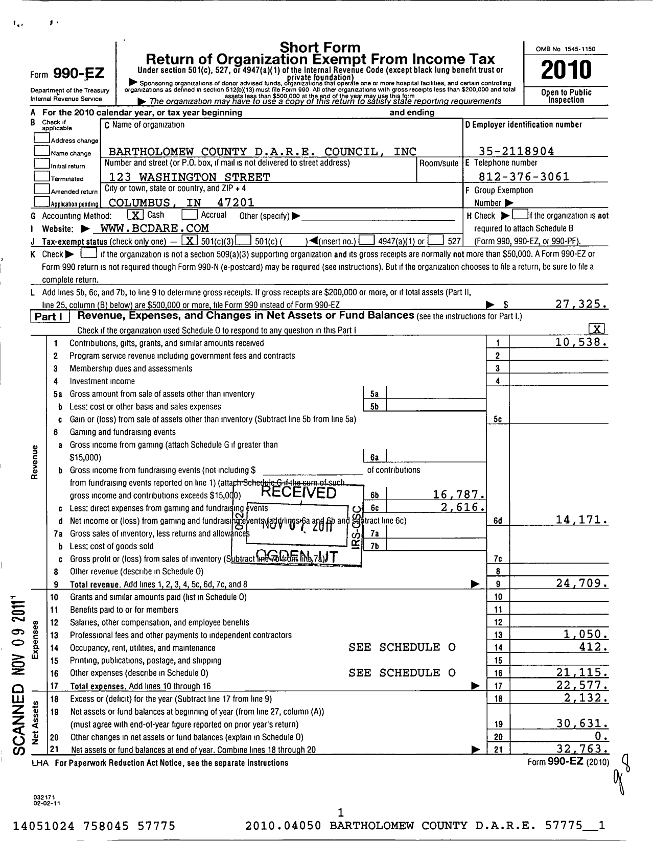 Image of first page of 2010 Form 990EZ for Bartholomew County Dare Council