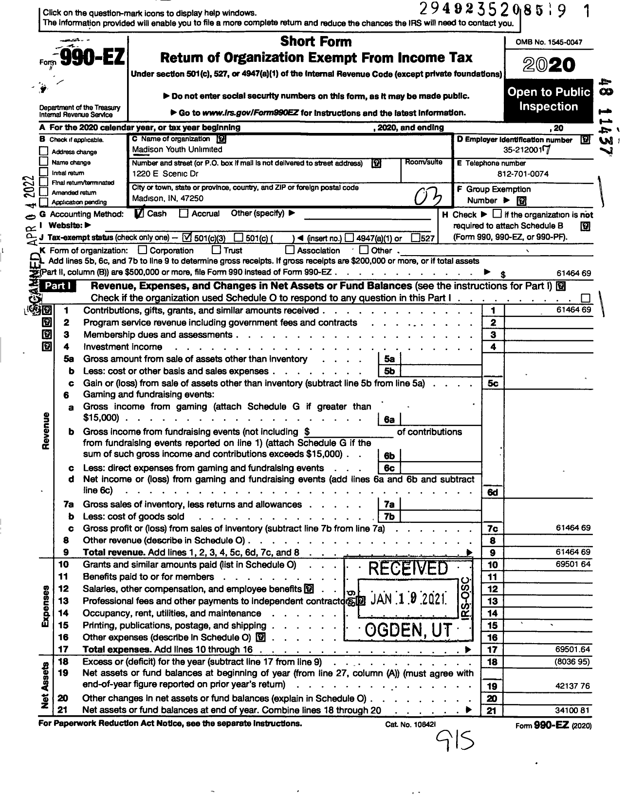 Image of first page of 2020 Form 990EZ for Madison Youth Unlimited