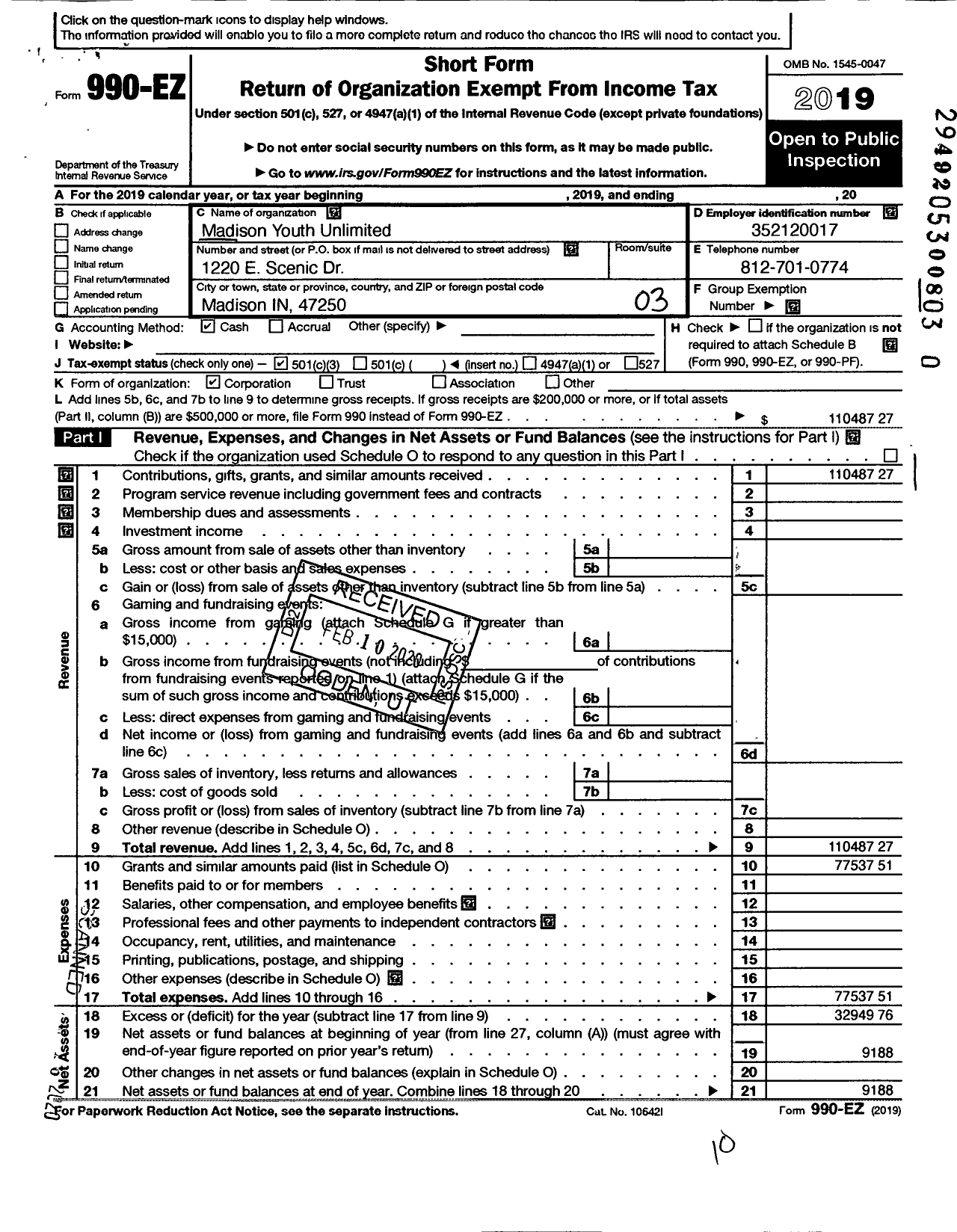 Image of first page of 2019 Form 990EZ for Madison Youth Unlimited