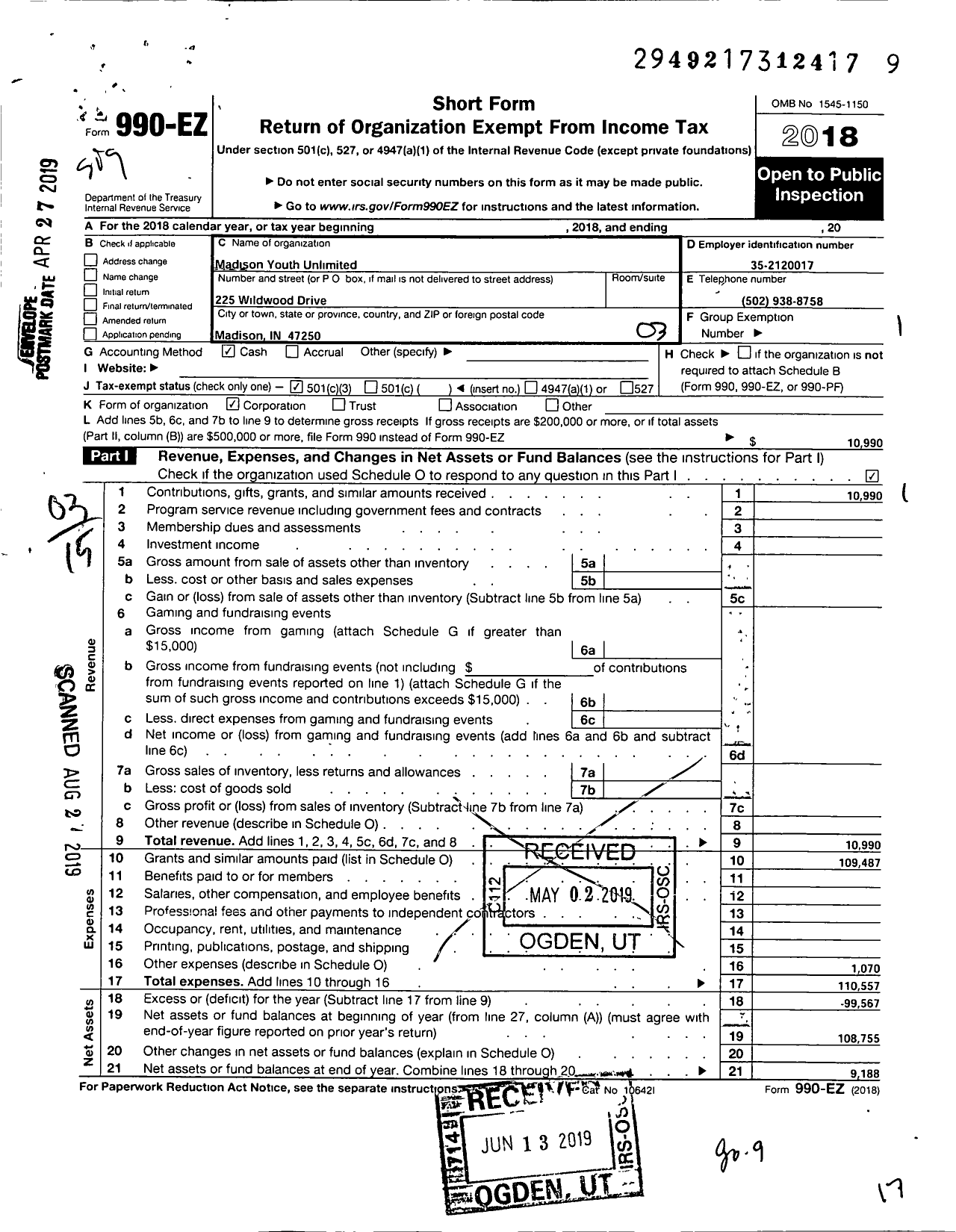 Image of first page of 2018 Form 990EZ for Madison Youth Unlimited