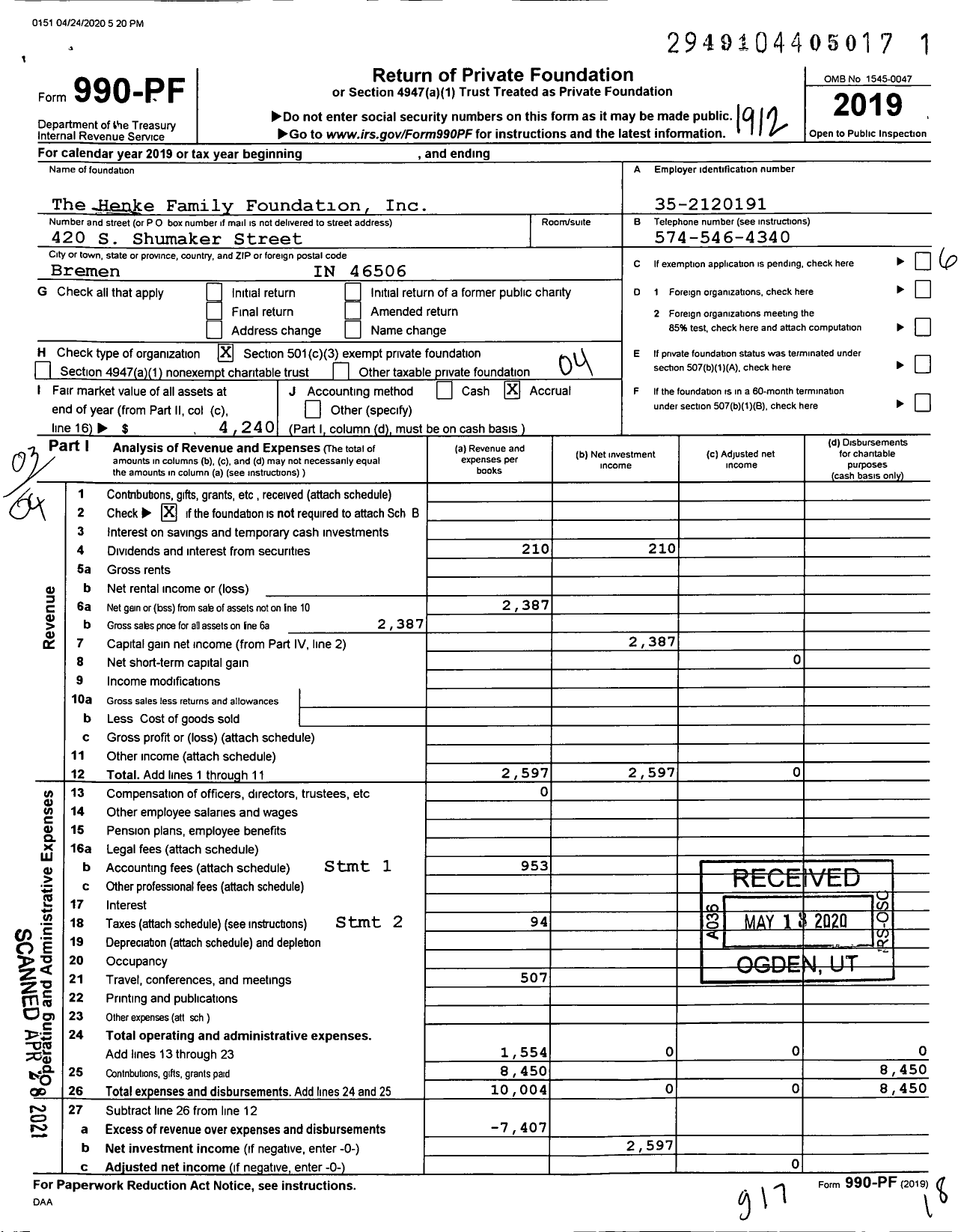 Image of first page of 2019 Form 990PF for The Henke Family Foundation