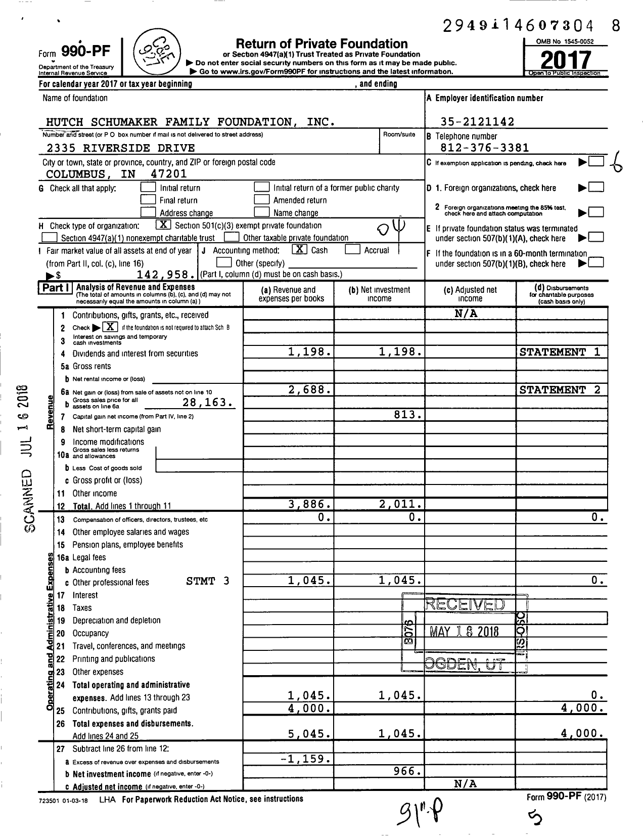 Image of first page of 2017 Form 990PF for Hutch Schumaker Family Foundation