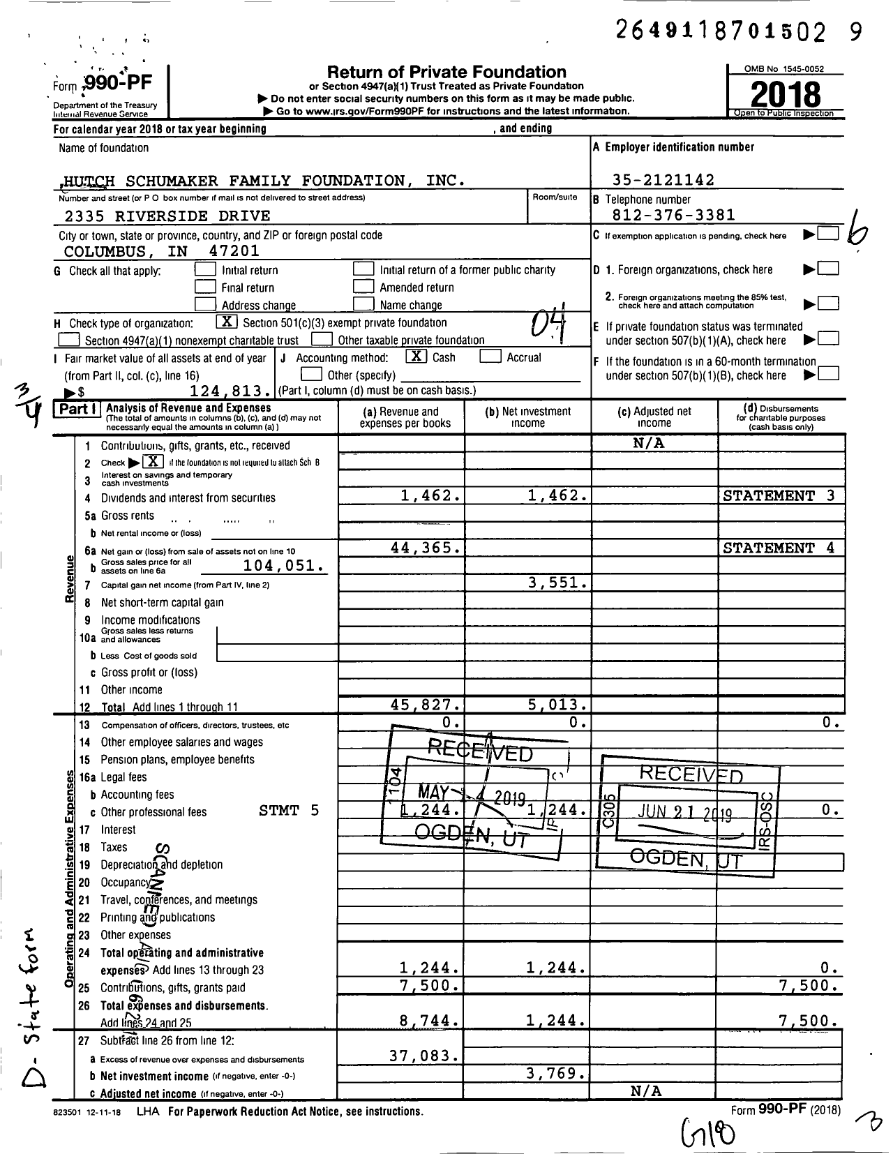 Image of first page of 2018 Form 990PF for Hutch Schumaker Family Foundation