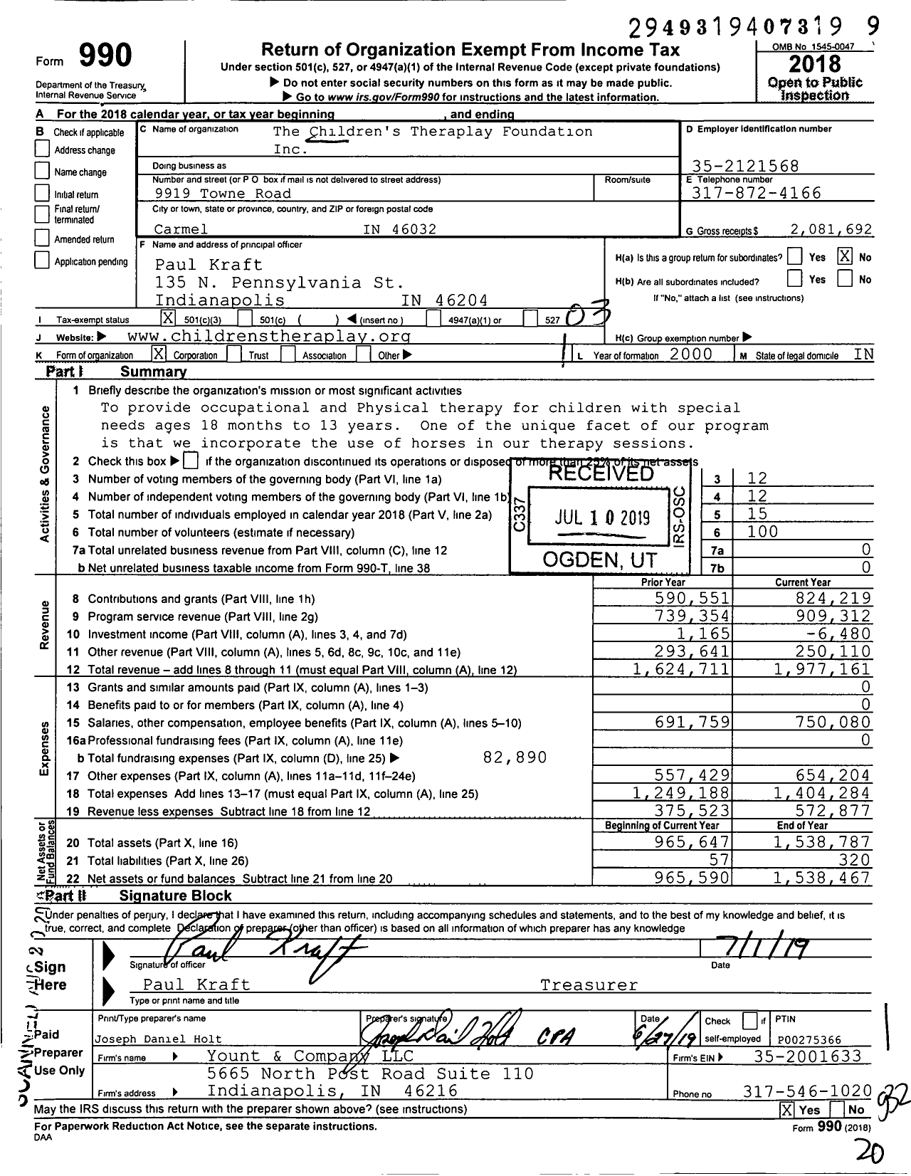 Image of first page of 2018 Form 990 for The Children's Theraplay Foundation