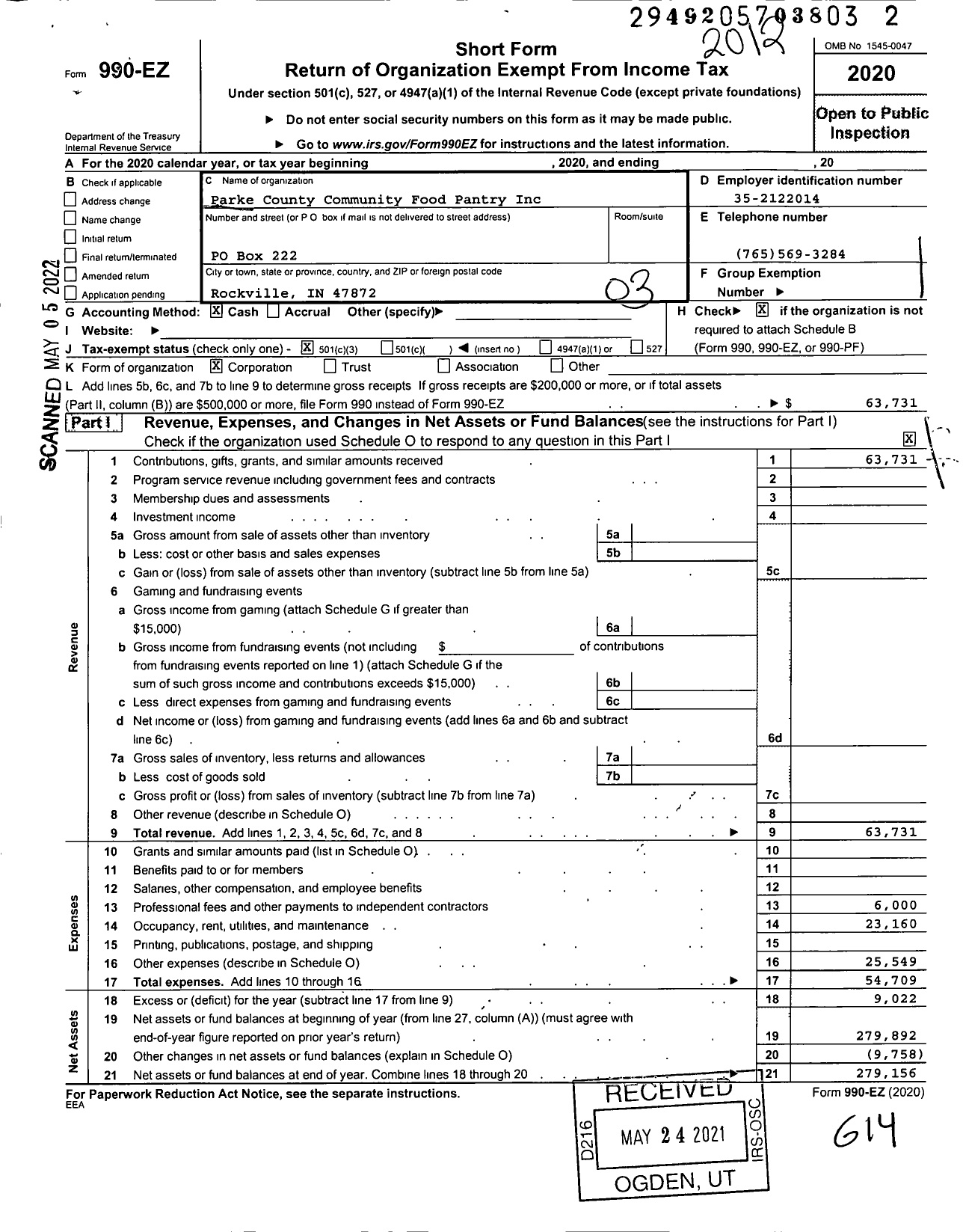 Image of first page of 2020 Form 990EZ for Parke County Community Food Pantry