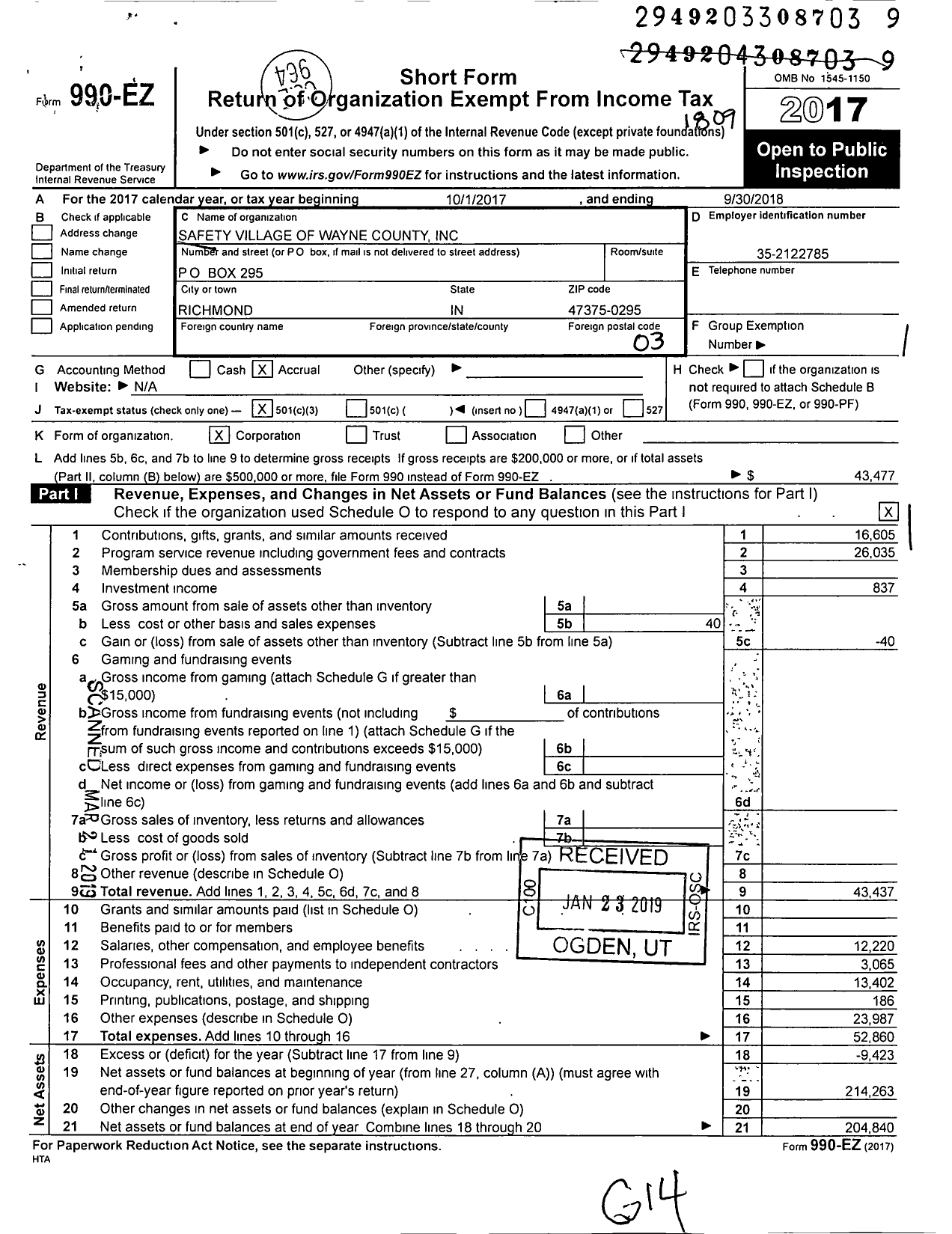 Image of first page of 2017 Form 990EZ for Safety Village of Wayne County