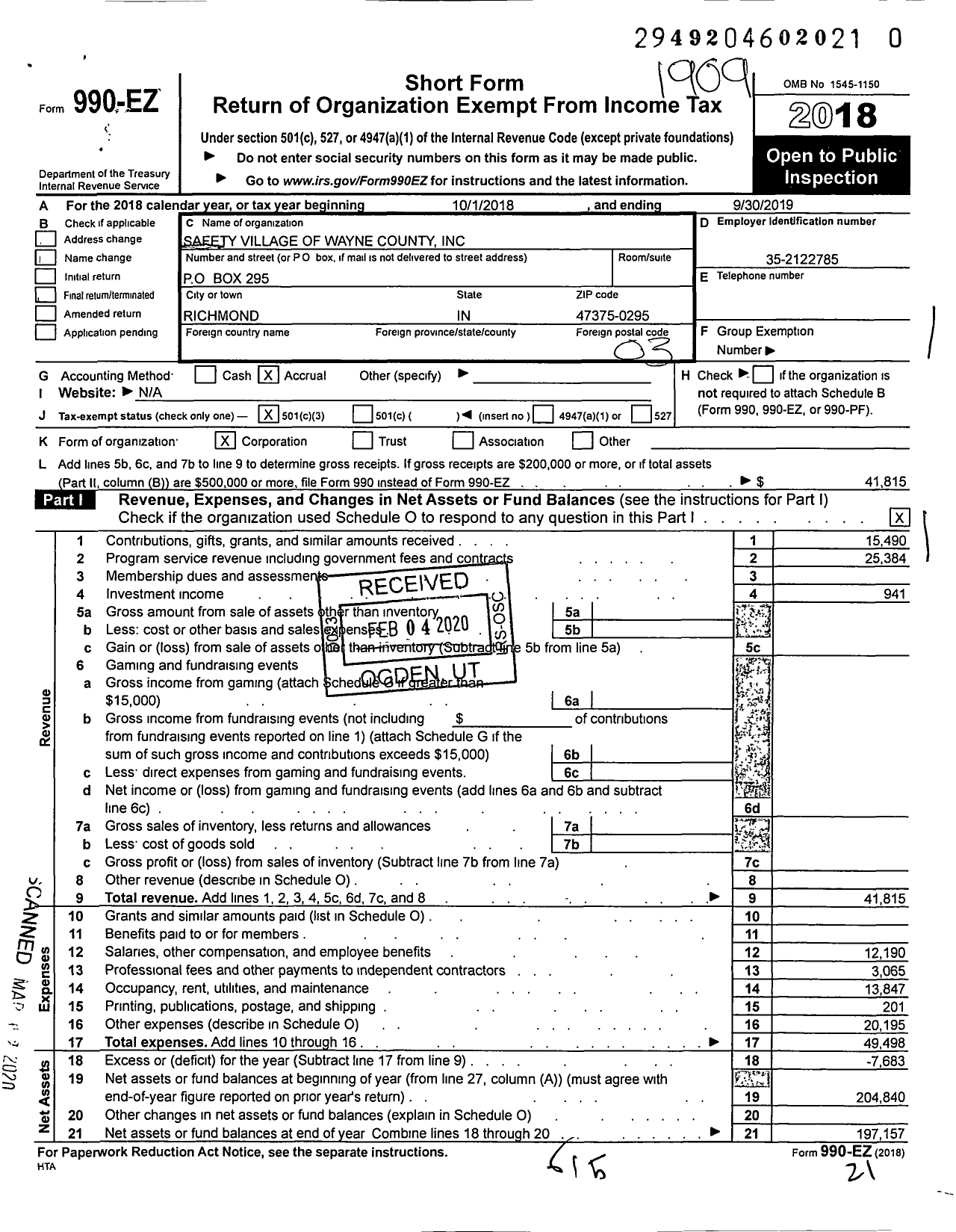 Image of first page of 2018 Form 990EZ for Safety Village of Wayne County