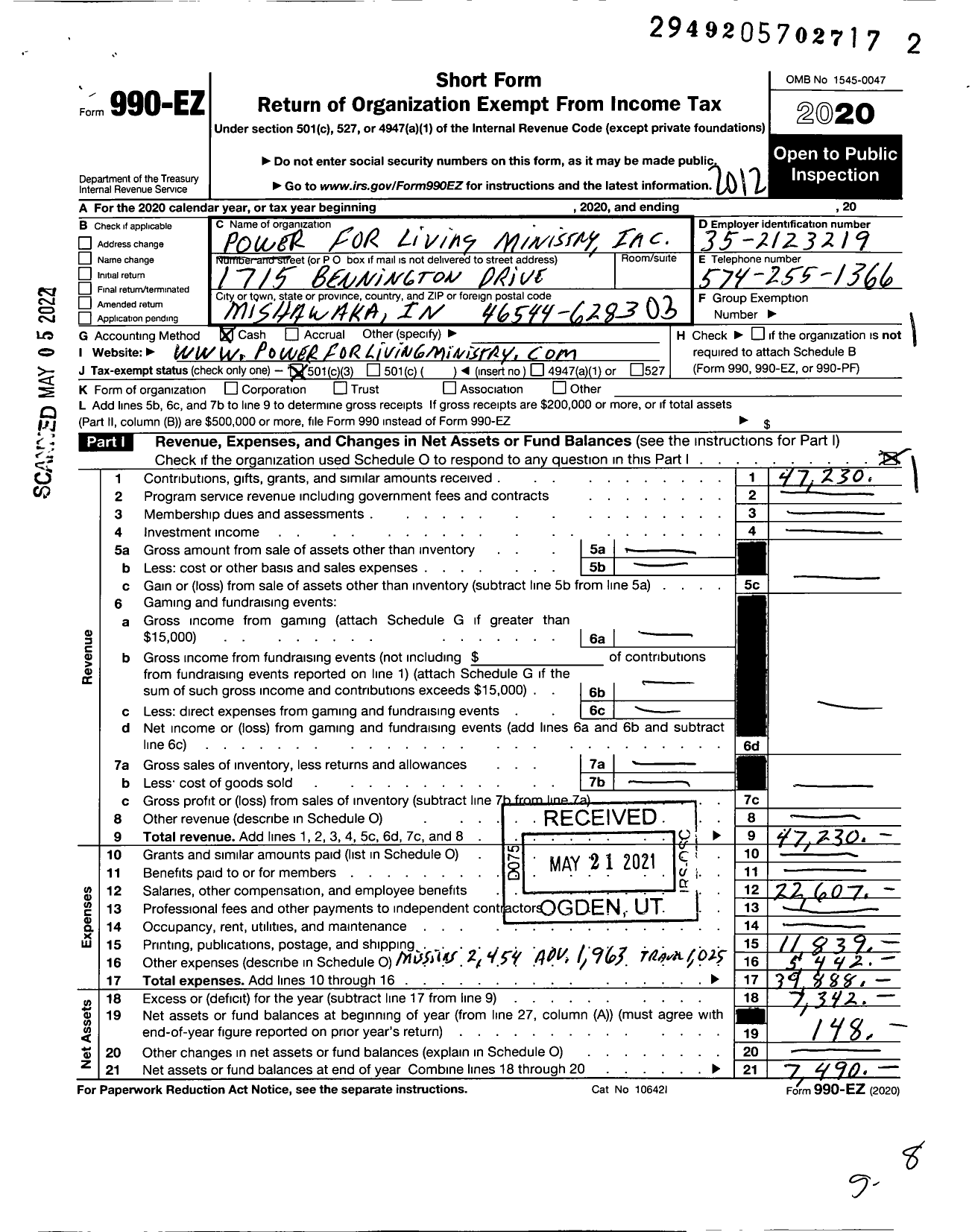 Image of first page of 2020 Form 990EZ for Power For Living Ministry