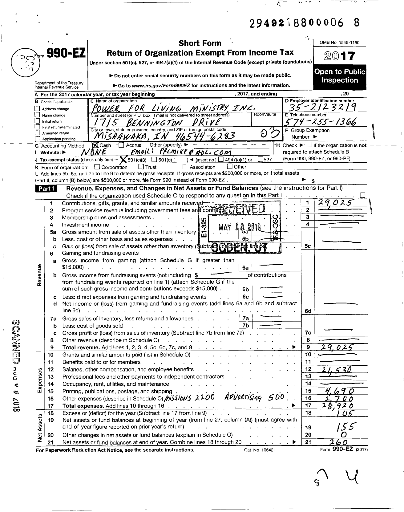 Image of first page of 2017 Form 990EZ for Power For Living Ministry