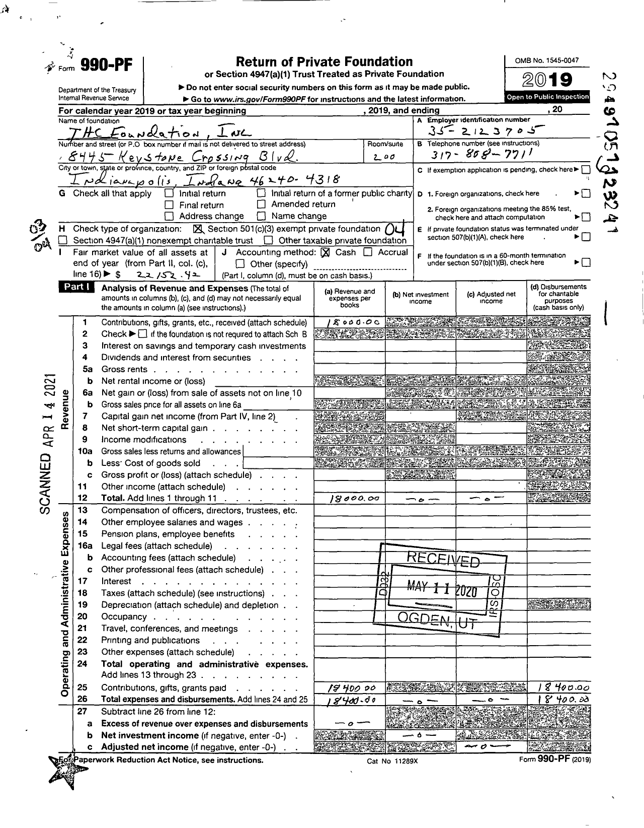 Image of first page of 2019 Form 990PF for THC Foundation / Conner Thomas H