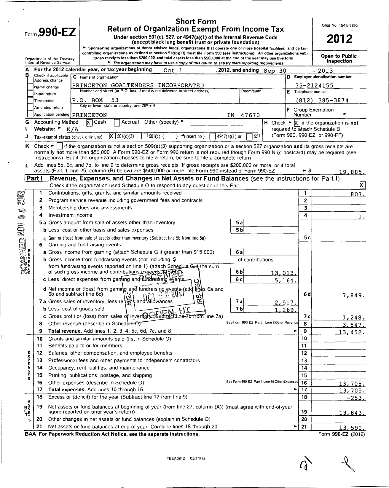 Image of first page of 2012 Form 990EZ for Princeton Goaltenders Incorporated