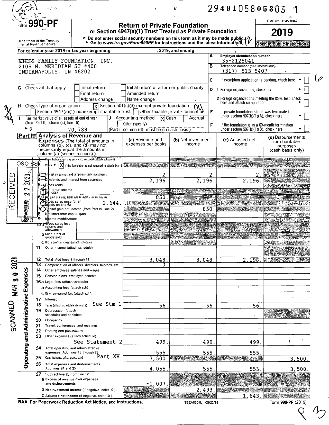 Image of first page of 2019 Form 990PF for Viets Family Foundation