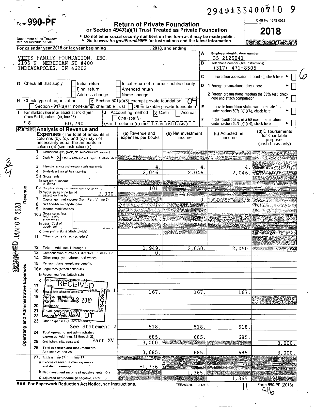 Image of first page of 2018 Form 990PF for Viets Family Foundation