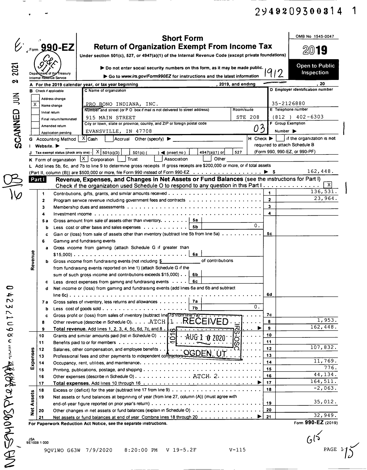 Image of first page of 2019 Form 990EZ for Pro Bono Indiana
