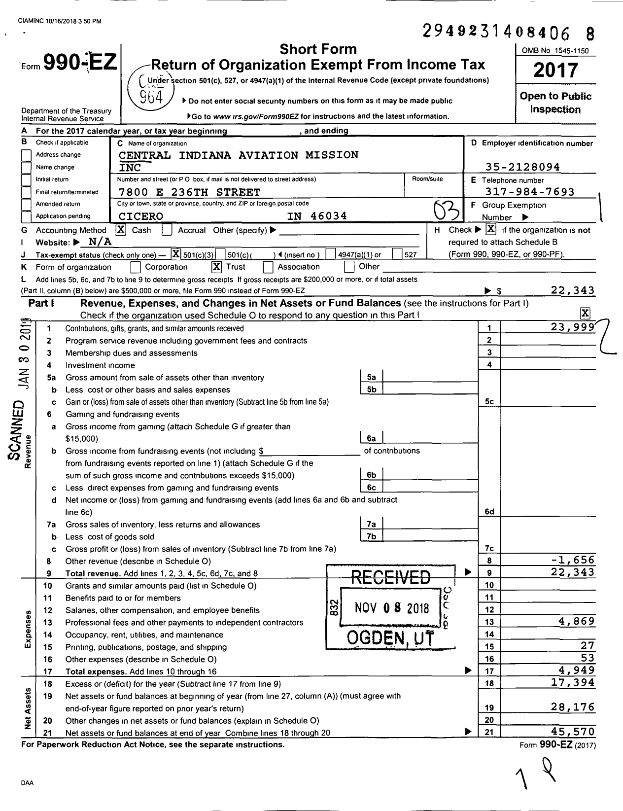 Image of first page of 2017 Form 990EZ for Central Indiana Aviation Mission