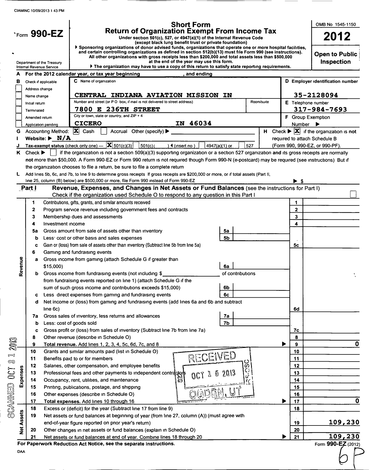 Image of first page of 2012 Form 990EZ for Central Indiana Aviation Mission