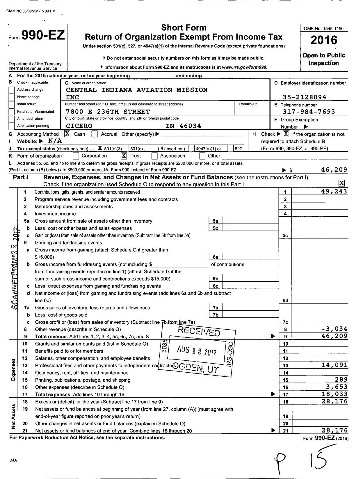 Image of first page of 2016 Form 990EZ for Central Indiana Aviation Mission