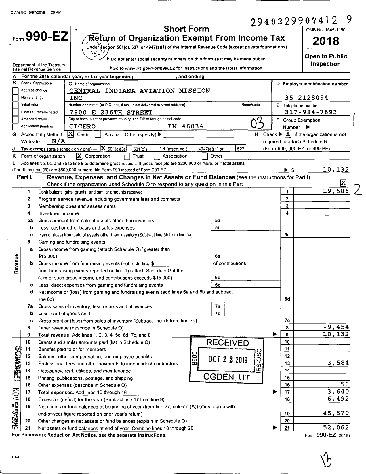 Image of first page of 2018 Form 990EZ for Central Indiana Aviation Mission