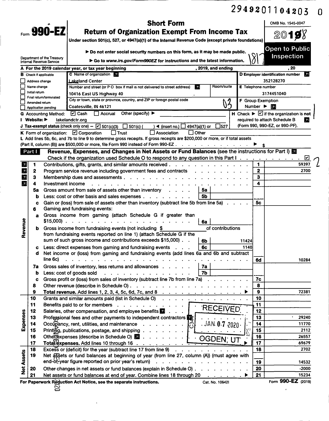 Image of first page of 2018 Form 990EZ for Lakeland Center