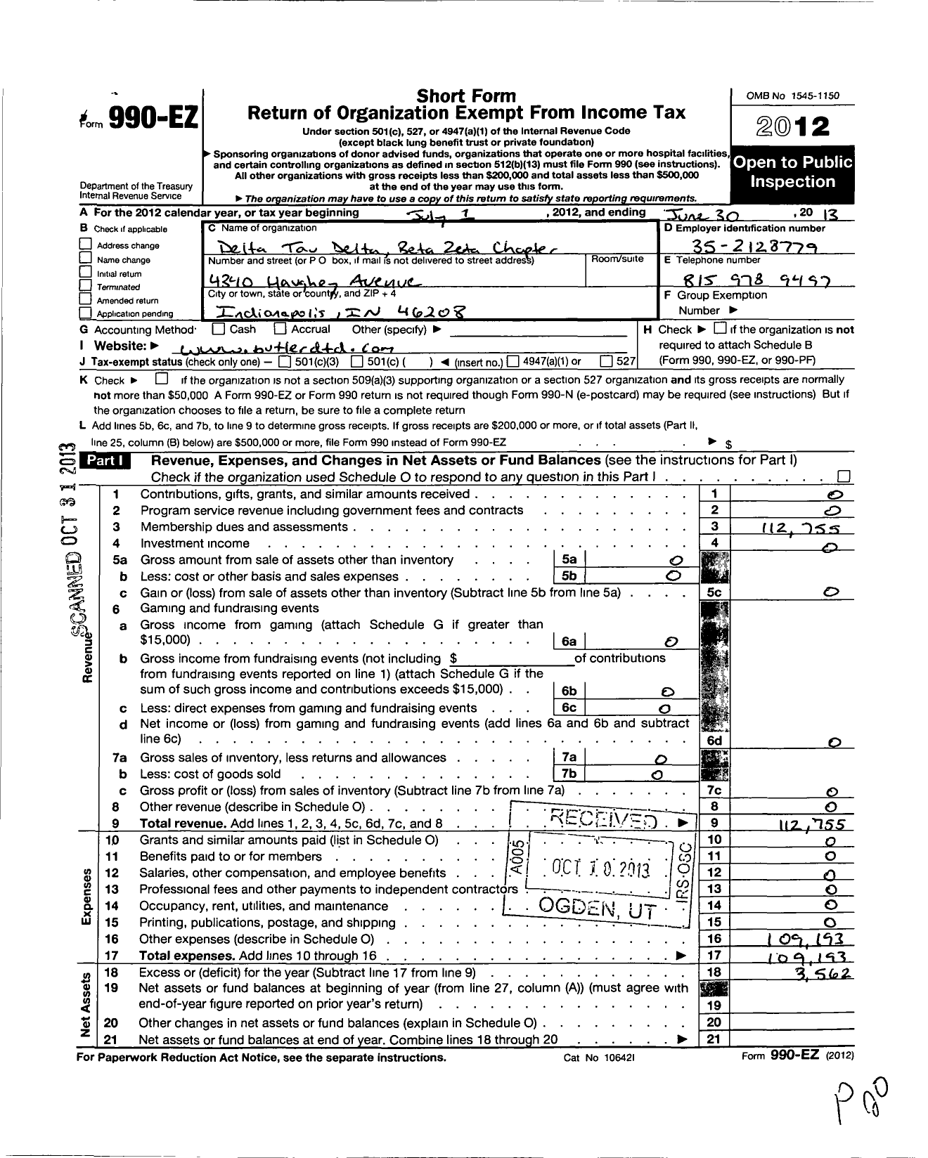 Image of first page of 2012 Form 990EO for Delta Tau Delta Fraternity - Beta Zeta Chapter