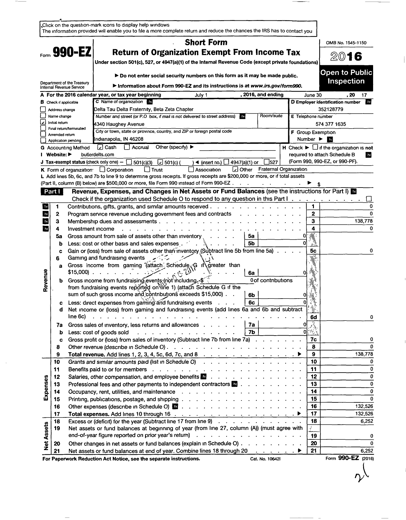 Image of first page of 2016 Form 990EO for Delta Tau Delta Fraternity - Beta Zeta Chapter