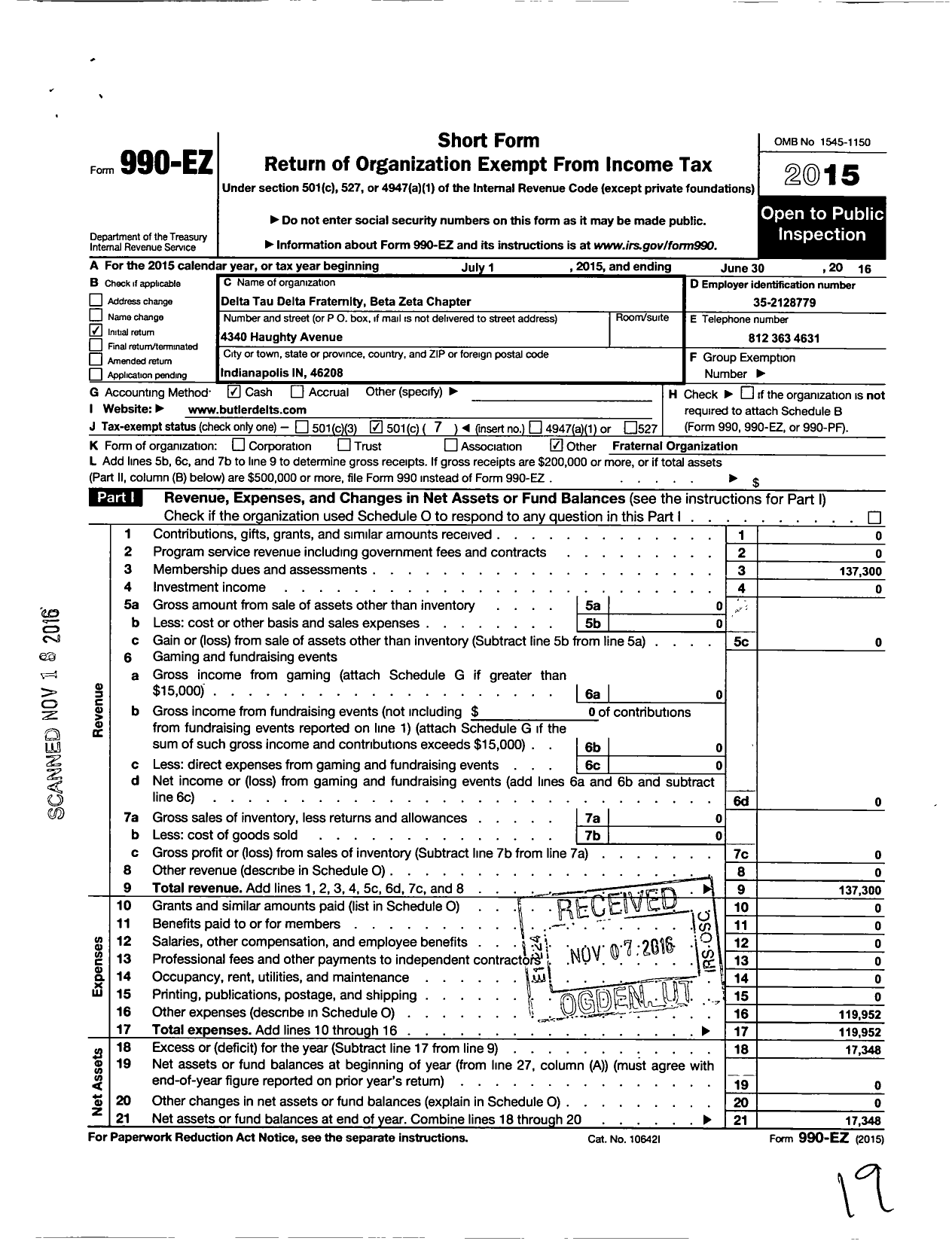 Image of first page of 2015 Form 990EO for Delta Tau Delta Fraternity - Beta Zeta Chapter