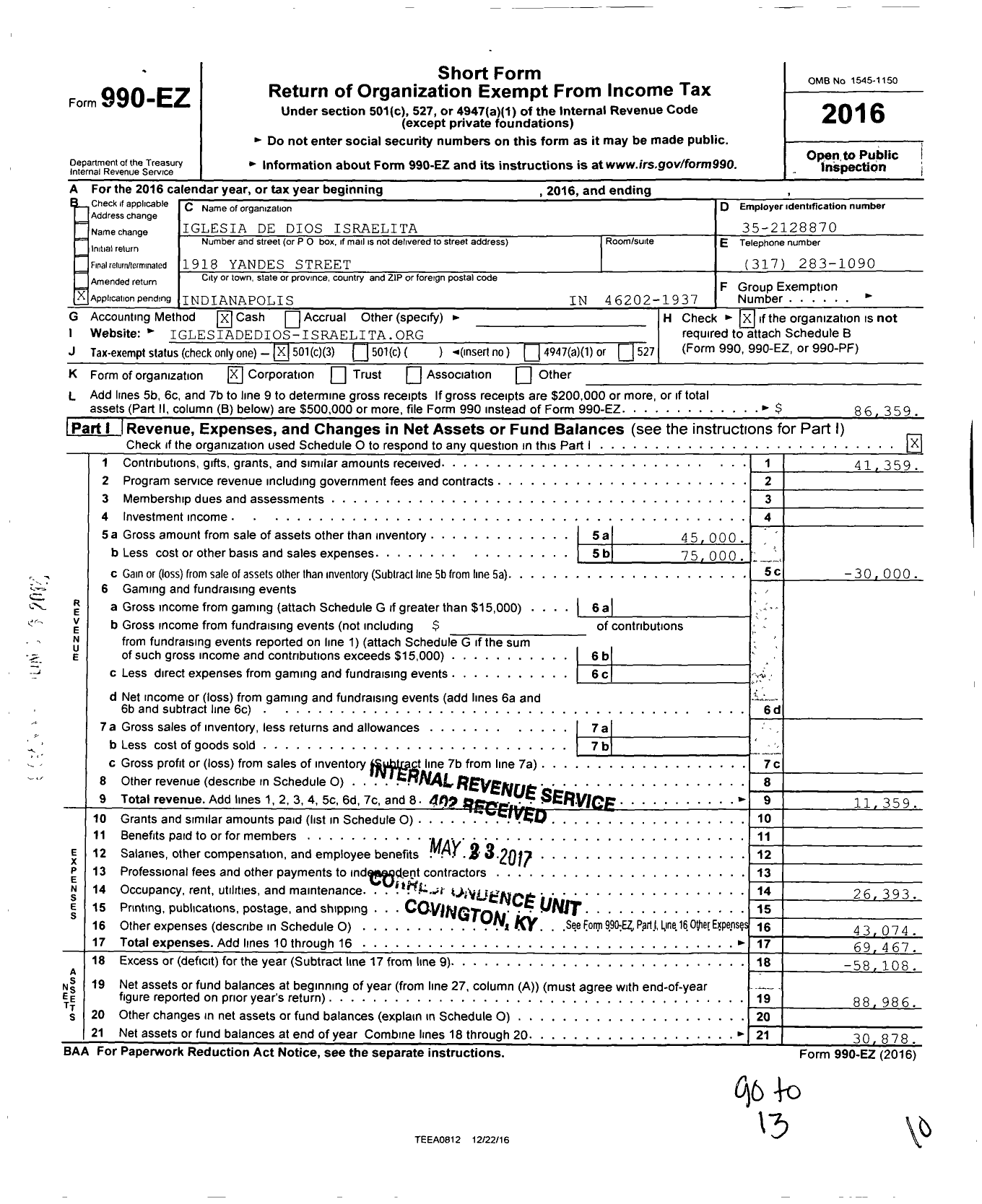 Image of first page of 2016 Form 990EZ for Iglesia de Dios Israelita