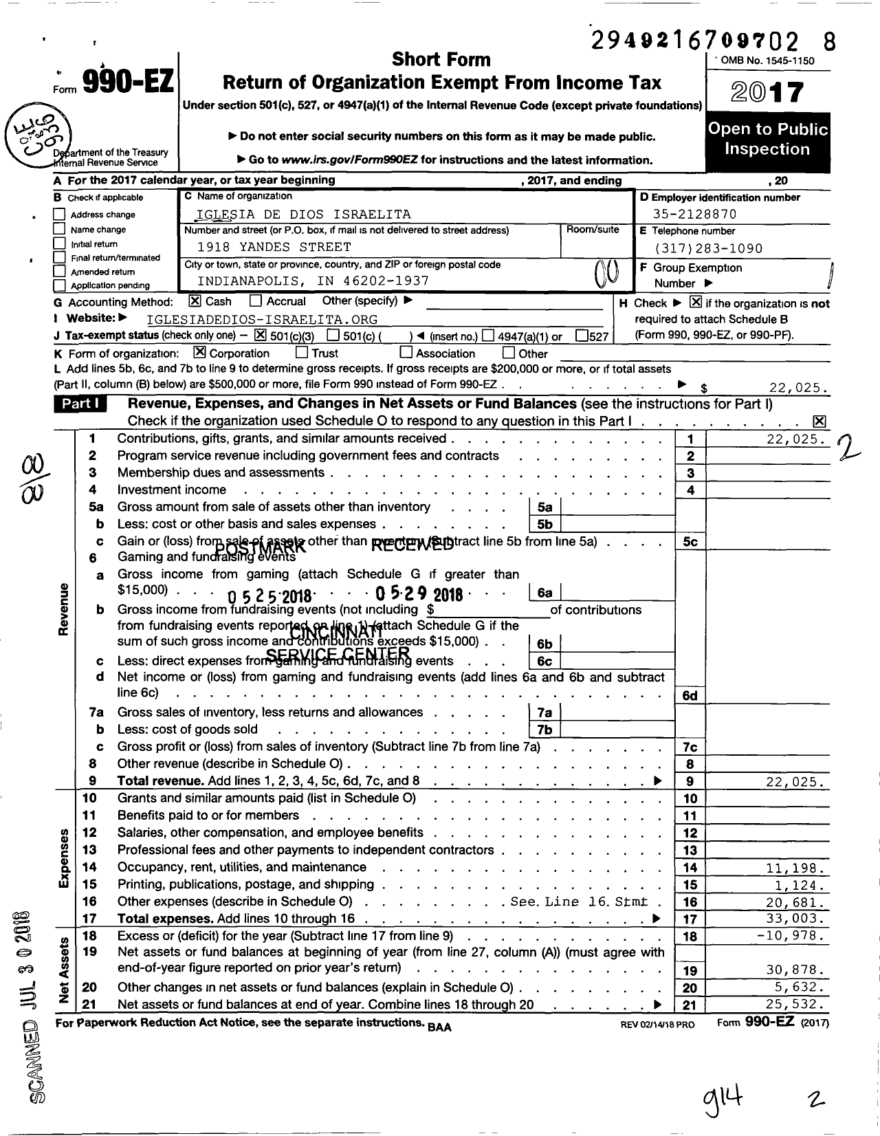 Image of first page of 2017 Form 990EO for Iglesia de Dios Israelita