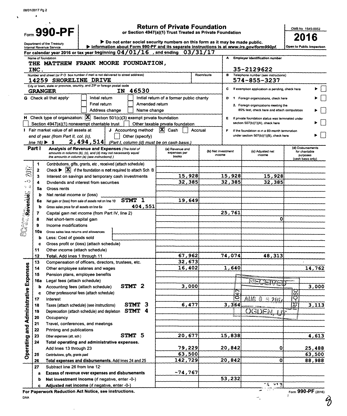 Image of first page of 2016 Form 990PF for The Matthew Frank Moore Foundation