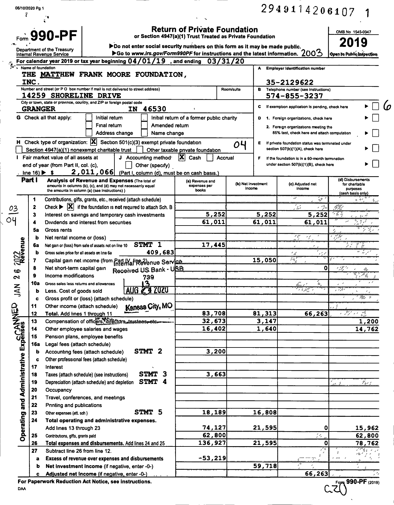 Image of first page of 2019 Form 990PF for The Matthew Frank Moore Foundation