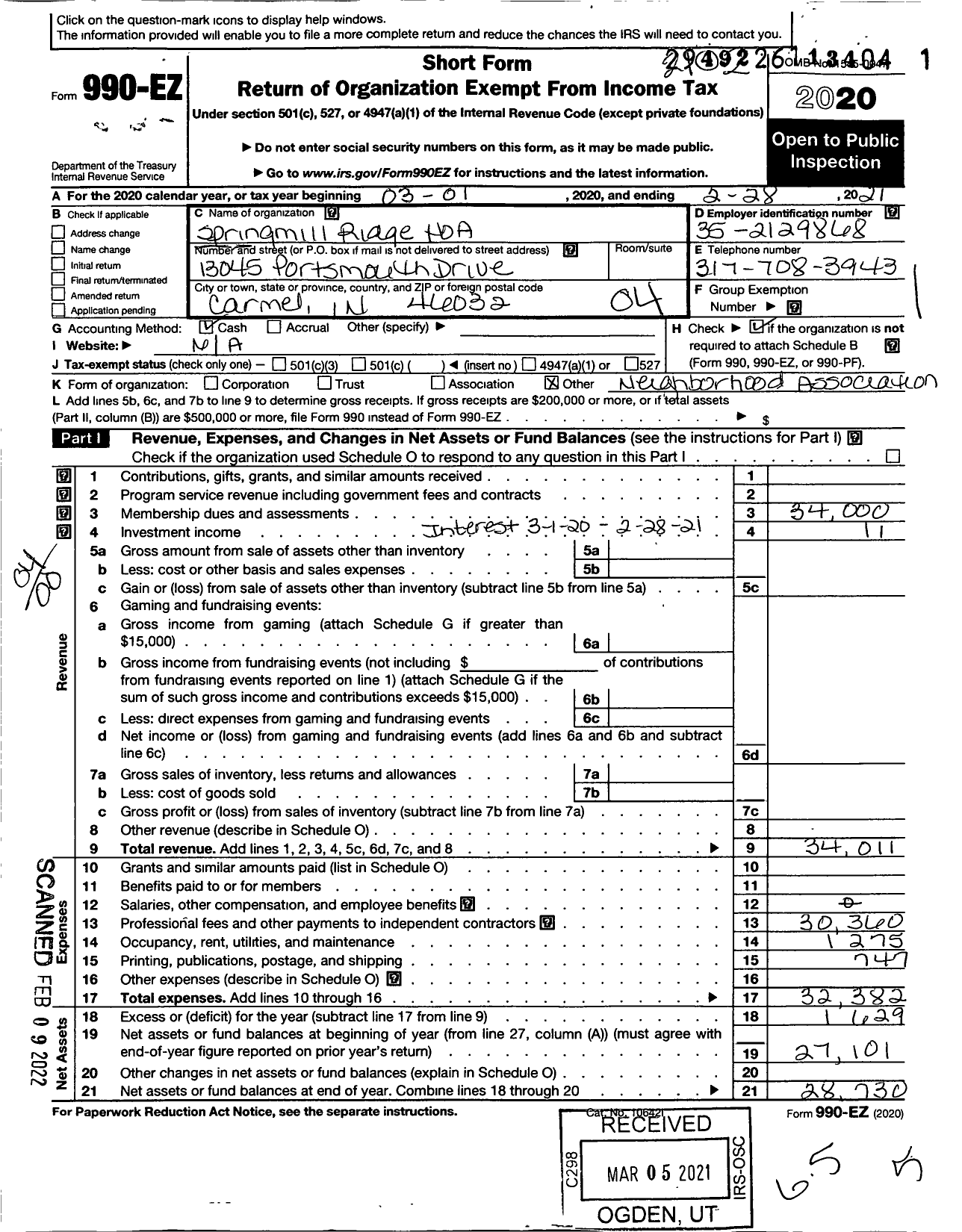 Image of first page of 2020 Form 990EO for Springmill Ridge Neighborhood Association