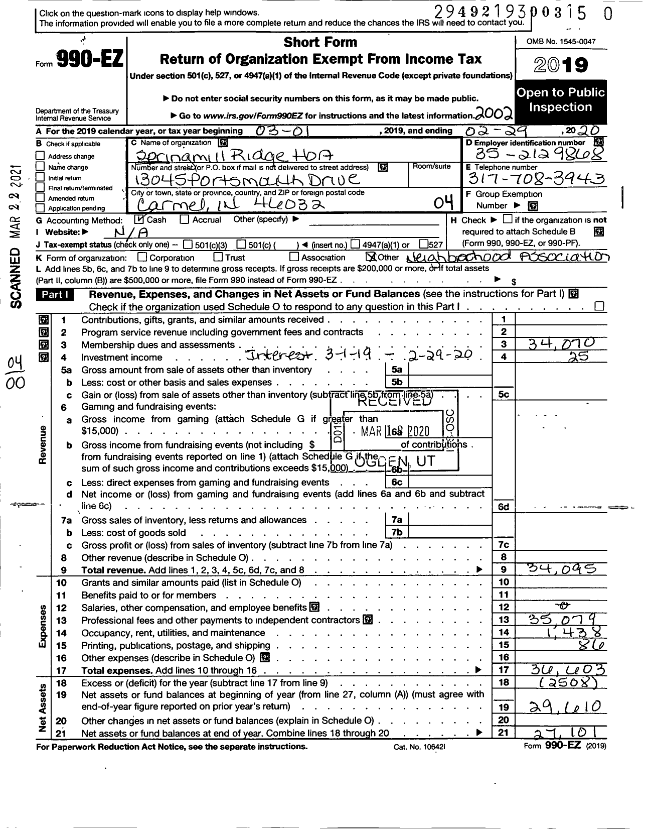 Image of first page of 2019 Form 990EO for Springmill Ridge Neighborhood Association