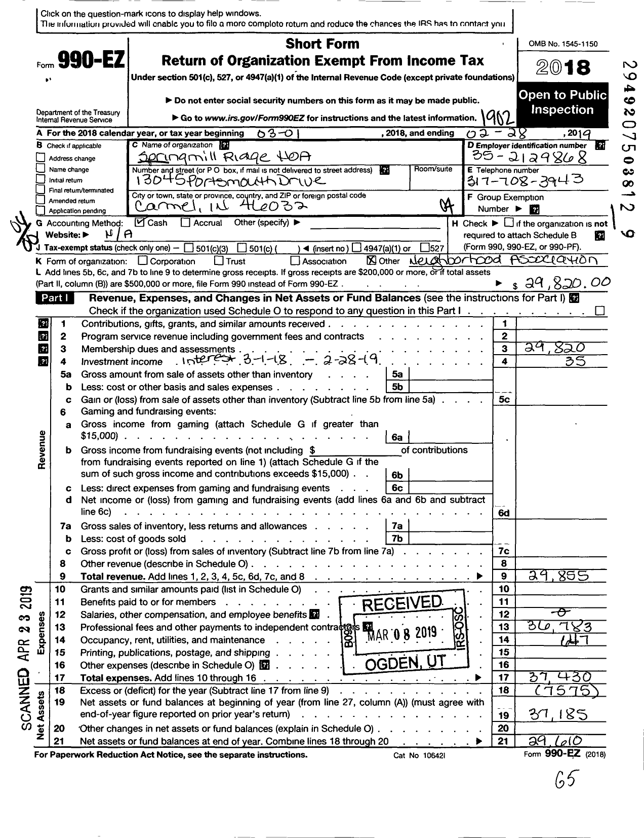 Image of first page of 2018 Form 990EO for Springmill Ridge Neighborhood Association