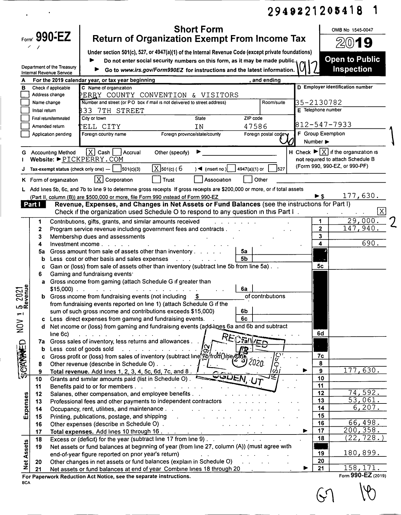 Image of first page of 2019 Form 990EO for Perry County Convention and Visitors Bureau