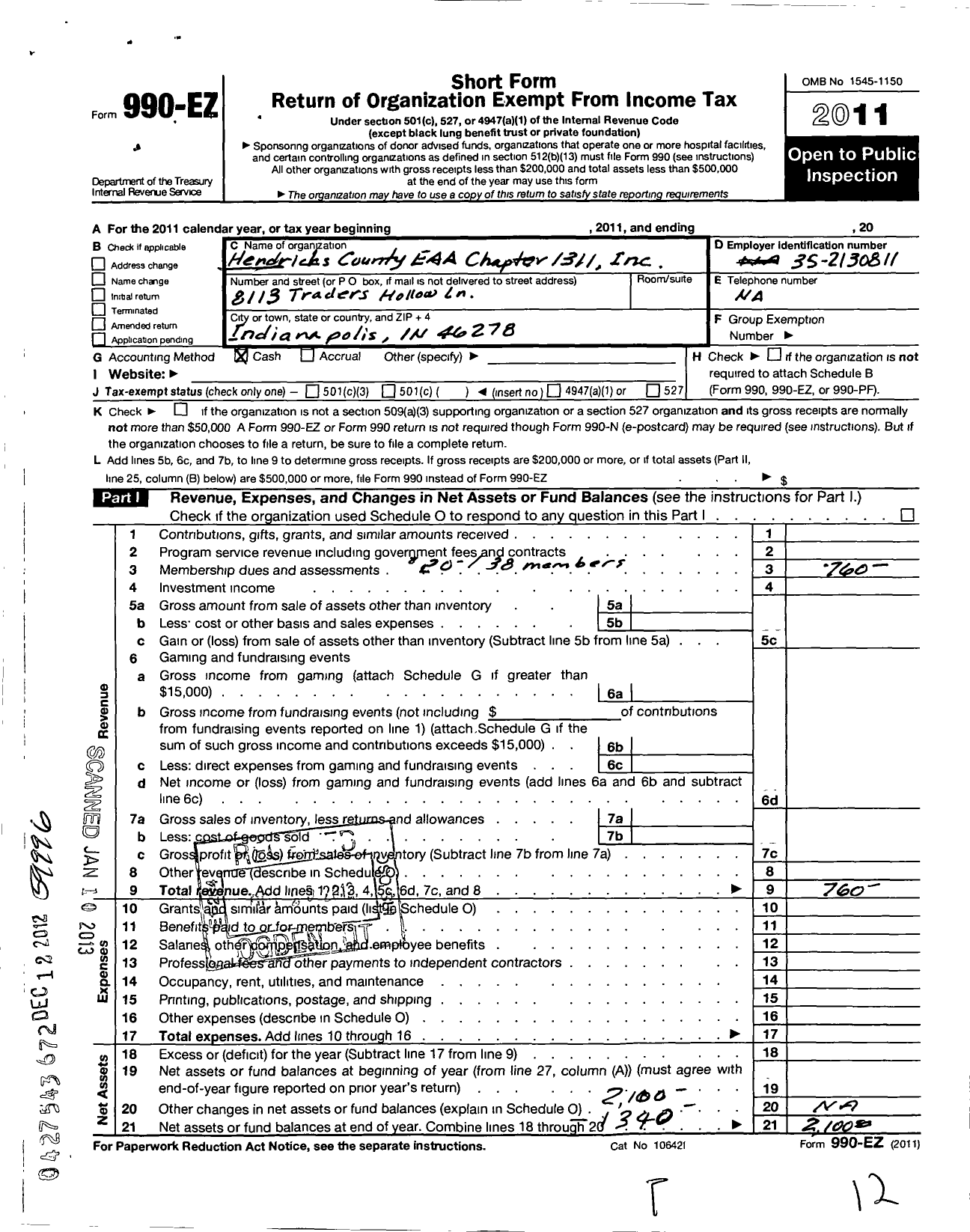 Image of first page of 2011 Form 990EZ for Hendricks County Eaa Chapter 1311