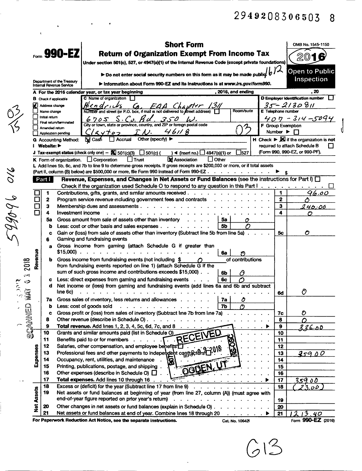 Image of first page of 2016 Form 990EZ for Hendricks County Eaa Chapter 1311