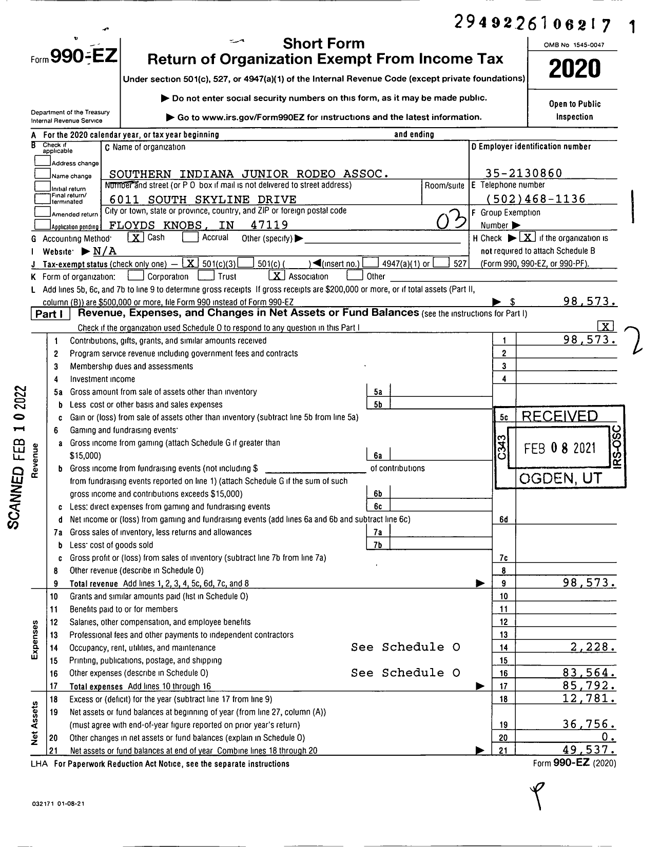 Image of first page of 2020 Form 990EZ for Southern Indiana Junior Rodeo Association