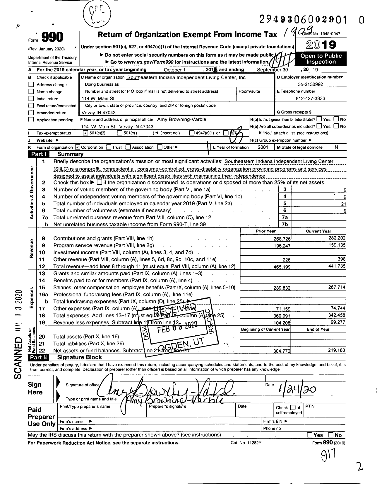 Image of first page of 2018 Form 990 for Southeastern Indiana Independent Living Center