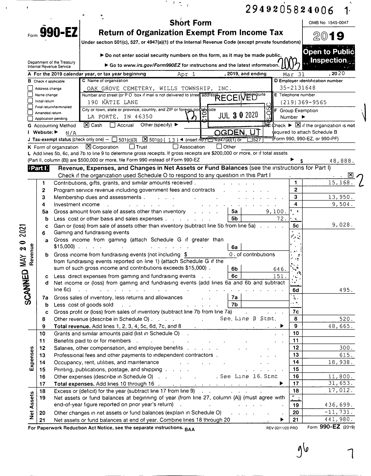 Image of first page of 2019 Form 990EO for Oak Grove Cemetery Wills Township