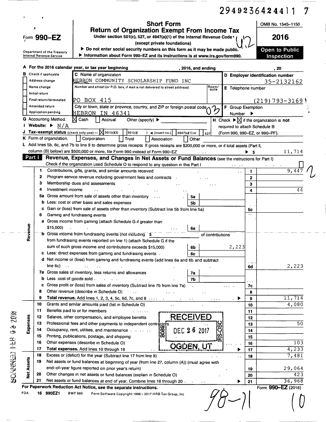 Image of first page of 2016 Form 990EZ for Hebron Community Scholarship Fund