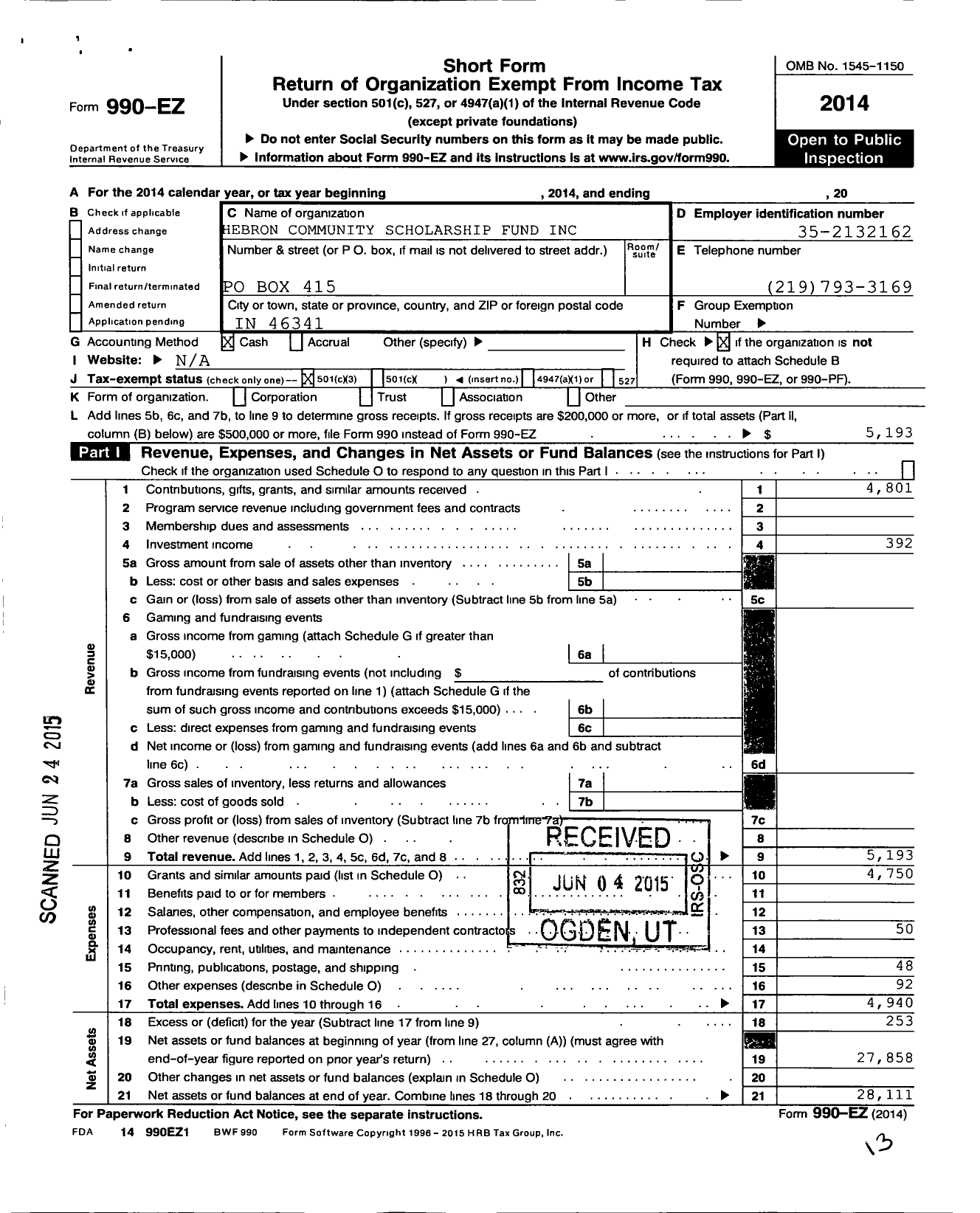 Image of first page of 2014 Form 990EZ for Hebron Community Scholarship Fund