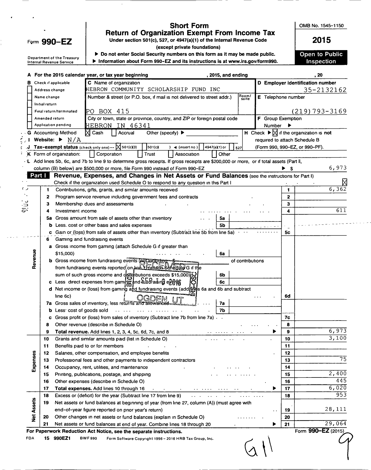 Image of first page of 2015 Form 990EZ for Hebron Community Scholarship Fund