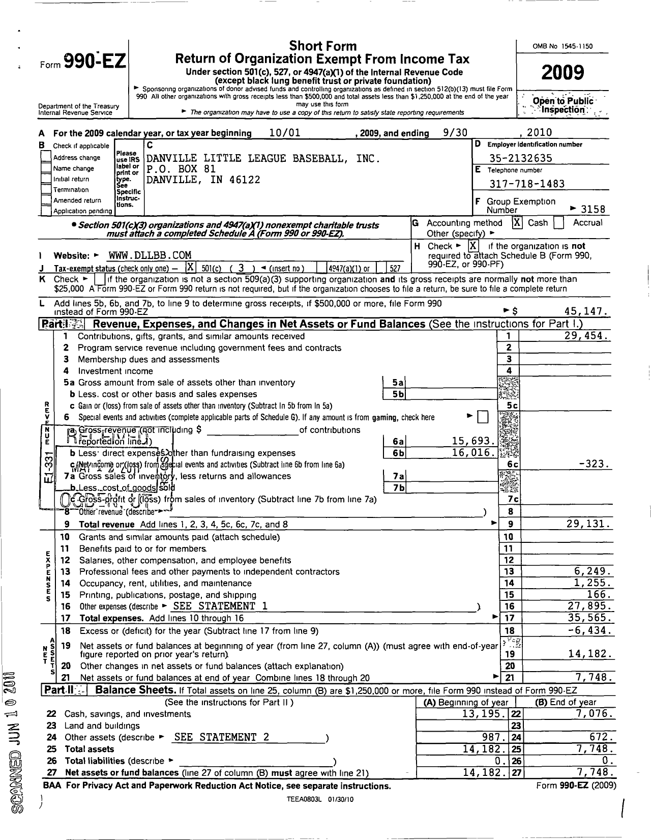 Image of first page of 2009 Form 990EZ for Little League Baseball - 1140802 Danville LL