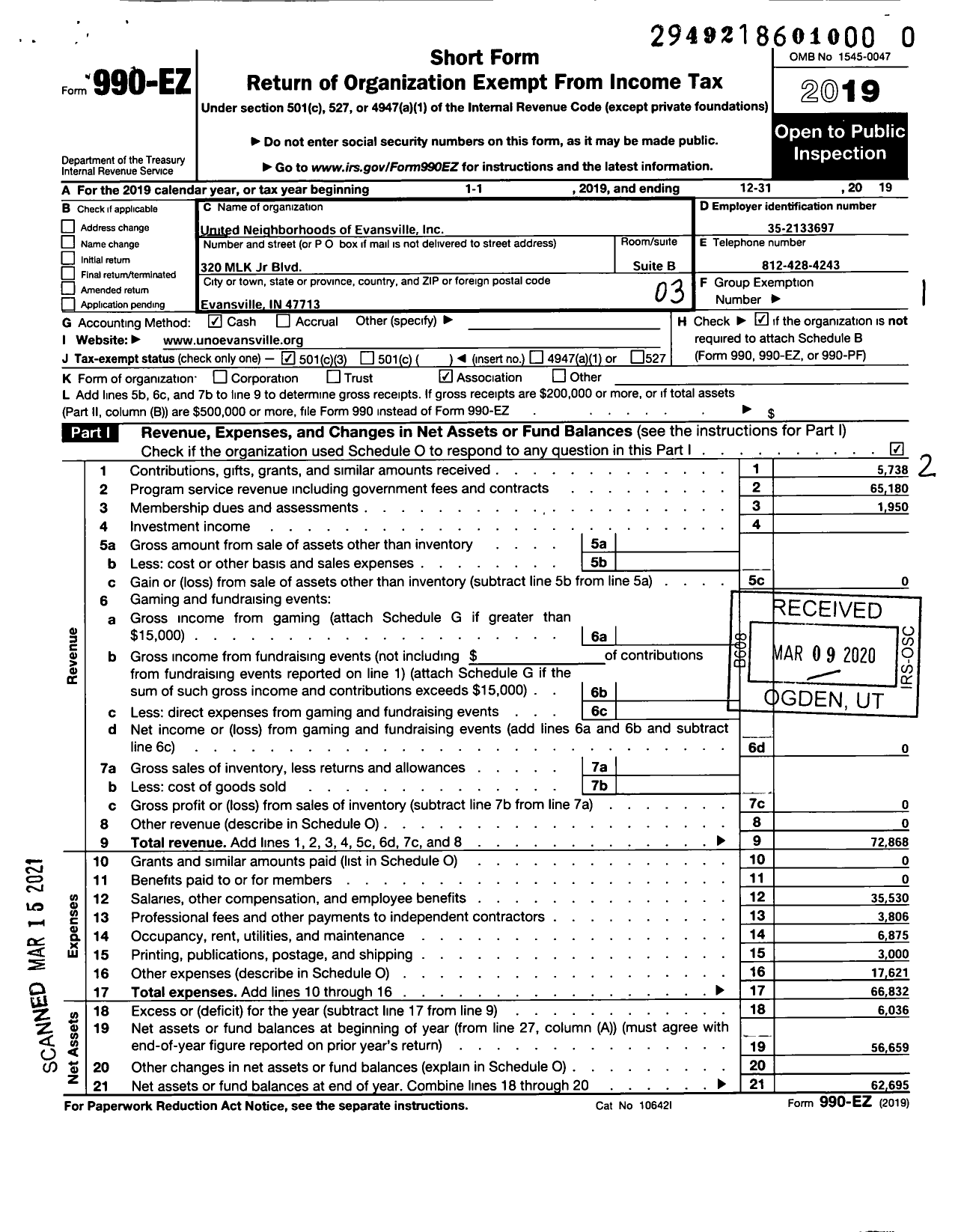 Image of first page of 2019 Form 990EZ for United Neighborhoods of Evansville