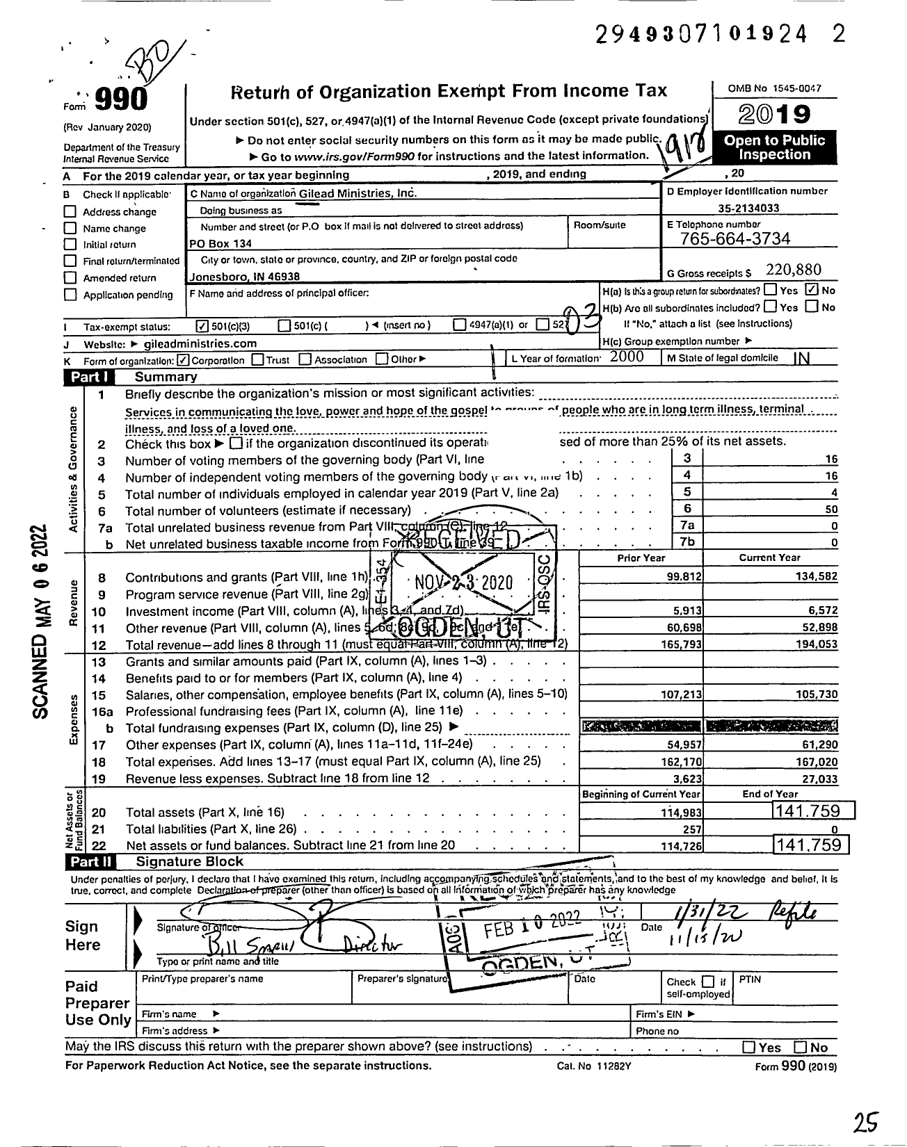 Image of first page of 2019 Form 990 for Gilead Ministries