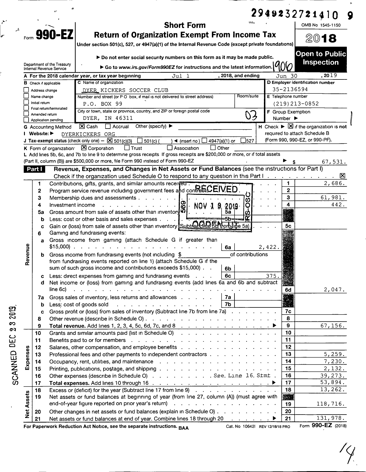 Image of first page of 2018 Form 990EZ for Dyer Kickers Soccer Club